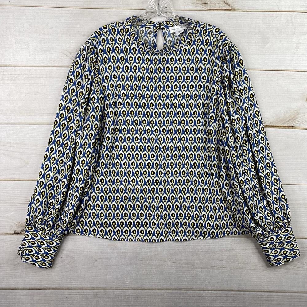 Cupcakes and Cashmere Top Womens XL Blue Printed Long Sleeve Boho Blouse Pleated